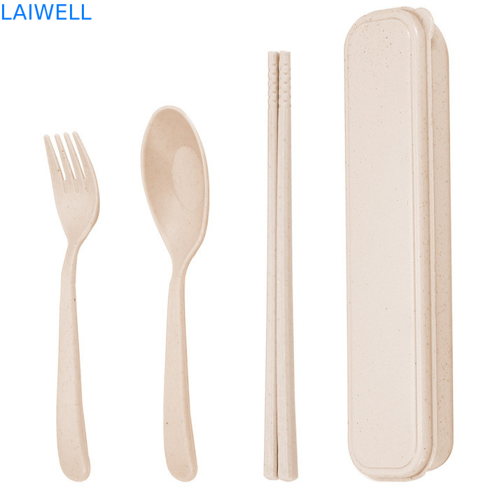 휴대용 베이지 색 지속 가능한 밀짚 섬유 3-PC 평면 기기 세트 재사용 가능한 친환경 식탁용품 액세서리 여러 번 사용할 수 있습니다 가벼운 비독성