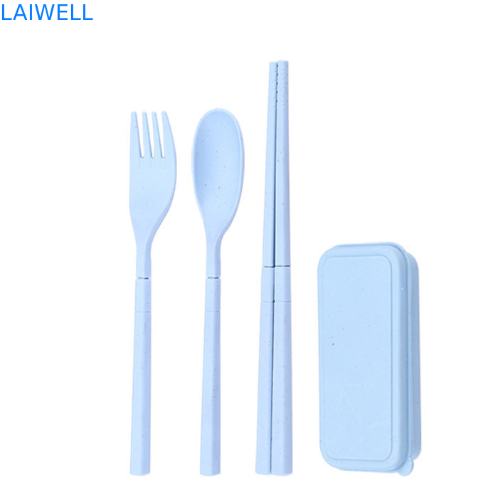 친환경 밀짚 섬유 파란색 접이식 3PC 플래트웨어 세트 지속 가능한 테이블웨어 주력자 환경 친화적 인 비즈니스에 맞춤형 및 재사용 가능